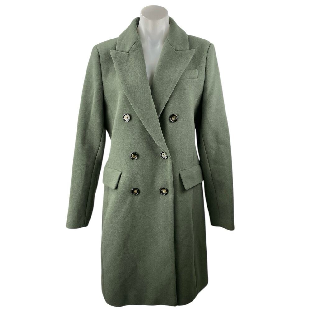 Mango MNG Army Green Wool Blend Long Sleeve Double Breasted Trench Coat Jacket L